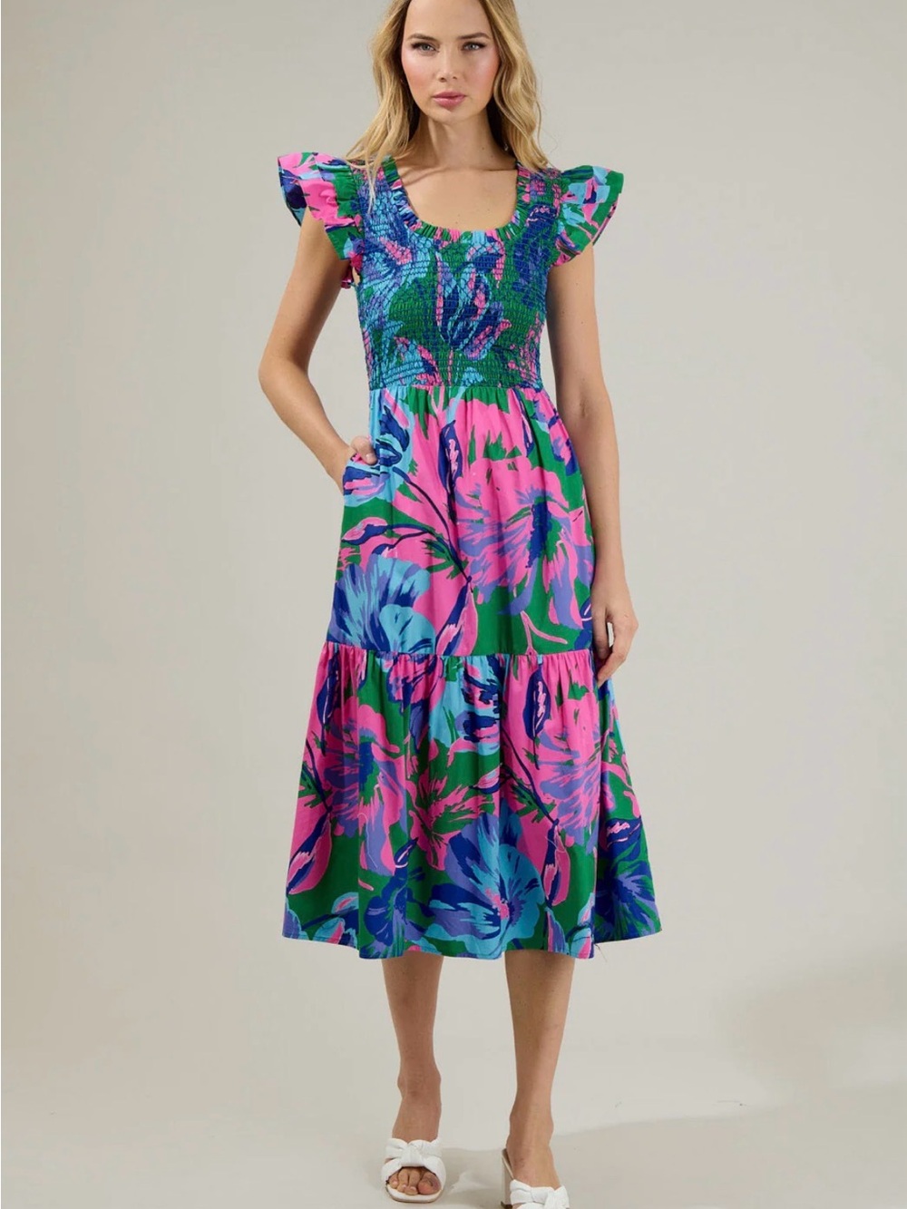 Sugarlips Raylee Floral Wendy Smocked Midi Dress Pink & Green Size Medium‎